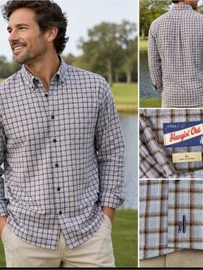 Johnnie-O Hangin' Out Plaid Button Down Blue & Brown Check Cotton Casual XL